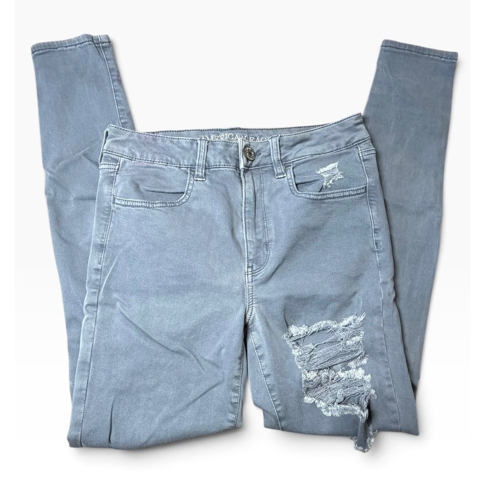 American Eagle High Waisted Skinny Distressed Ripped Grey Jeans Womens Size 4